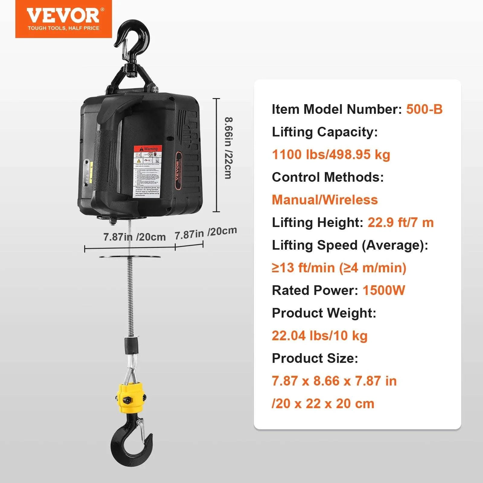 1500W Electric Hoist Winch with Wireless Remote, 1100 lbs Capacity-500-A / spain