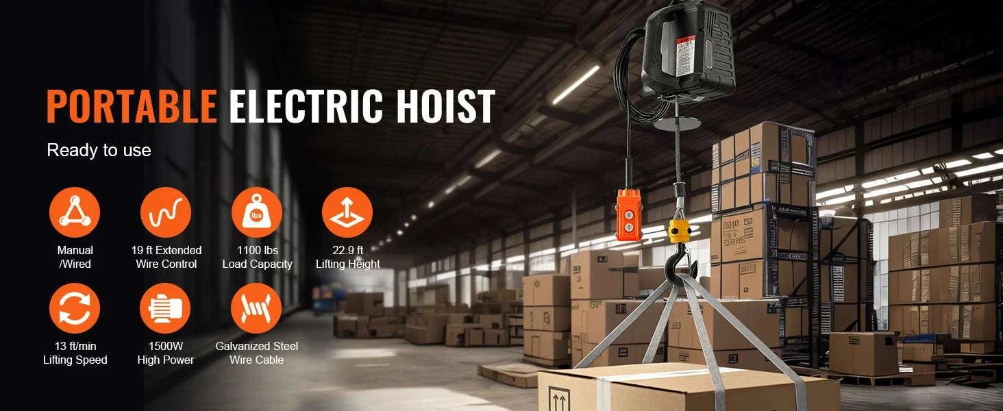 1500W Electric Hoist Winch with Wireless Remote, 1100 lbs Capacity-500-C / CZECH REPUBLIC