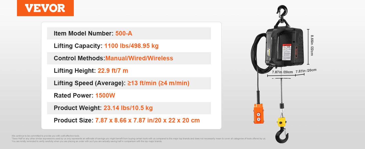 1500W Electric Hoist Winch with Wireless Remote, 1100 lbs Capacity-500-C / CZECH REPUBLIC