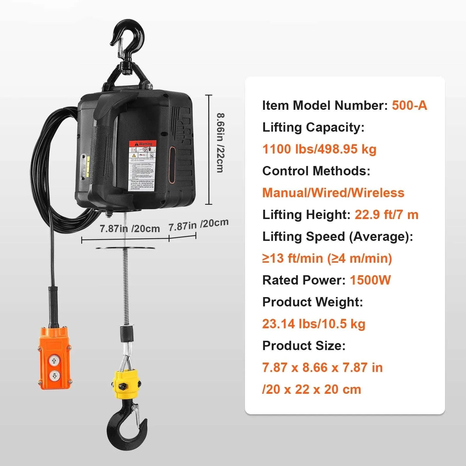 1500W Electric Hoist Winch with Wireless Remote, 1100 lbs Capacity-500-C / CZECH REPUBLIC