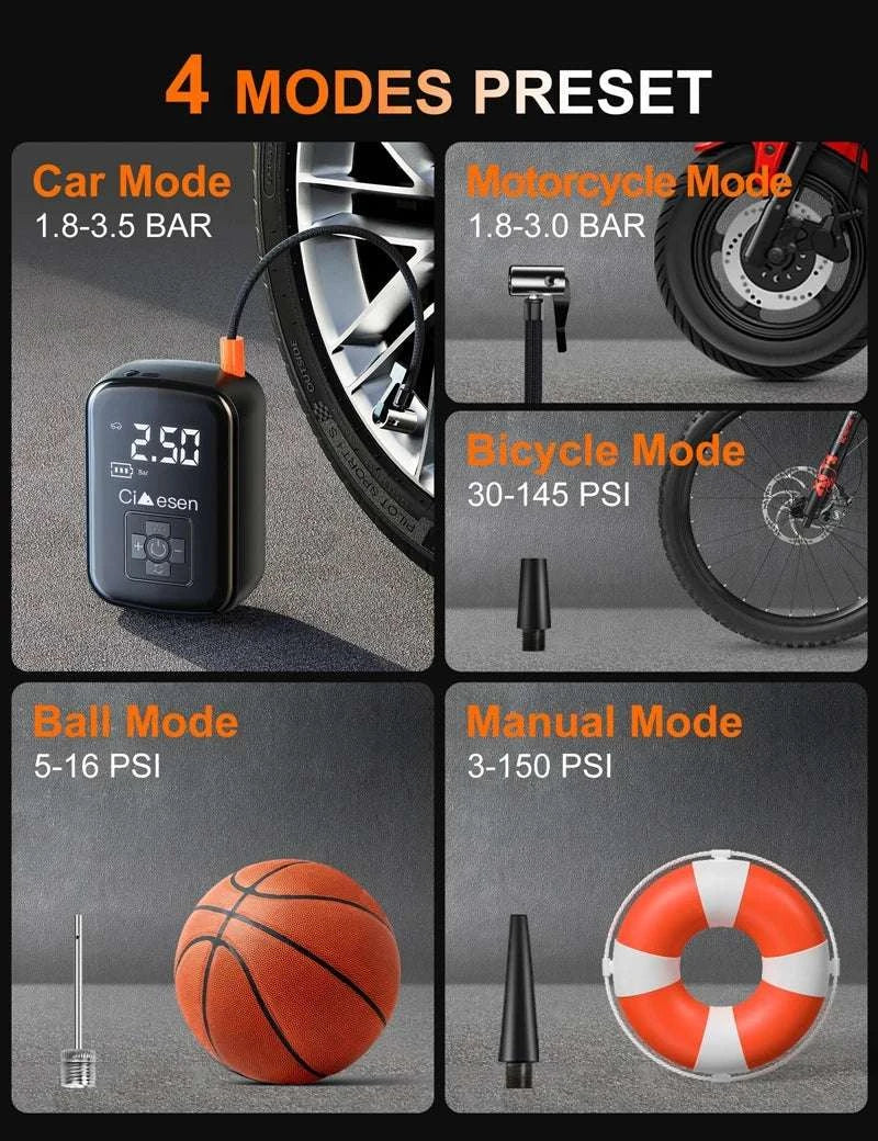 150PSI Wireless Tire Inflator Portable Air Pump for Car & Bike-1Set / Battery Powered / United States