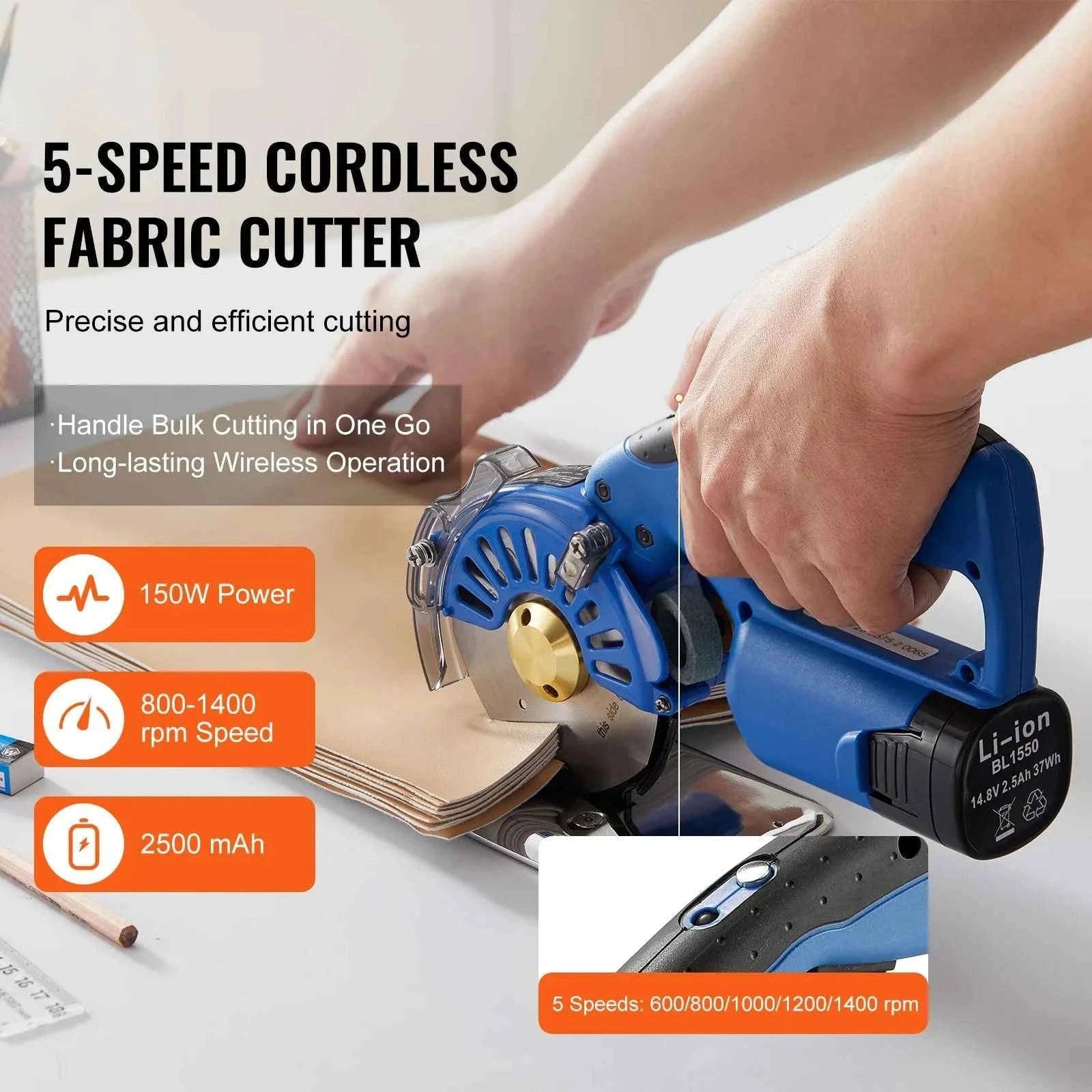 150W Cordless Electric Fabric Cutter, 5-Speed Rotary Cutting Machine-150W 5 Speeds / United States