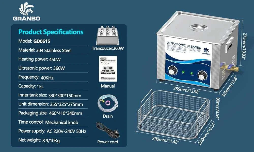 15L Ultrasonic Cleaner 40KHz 360–540W for Precision Parts Cleaning-15L 540W / AU / China Mainland