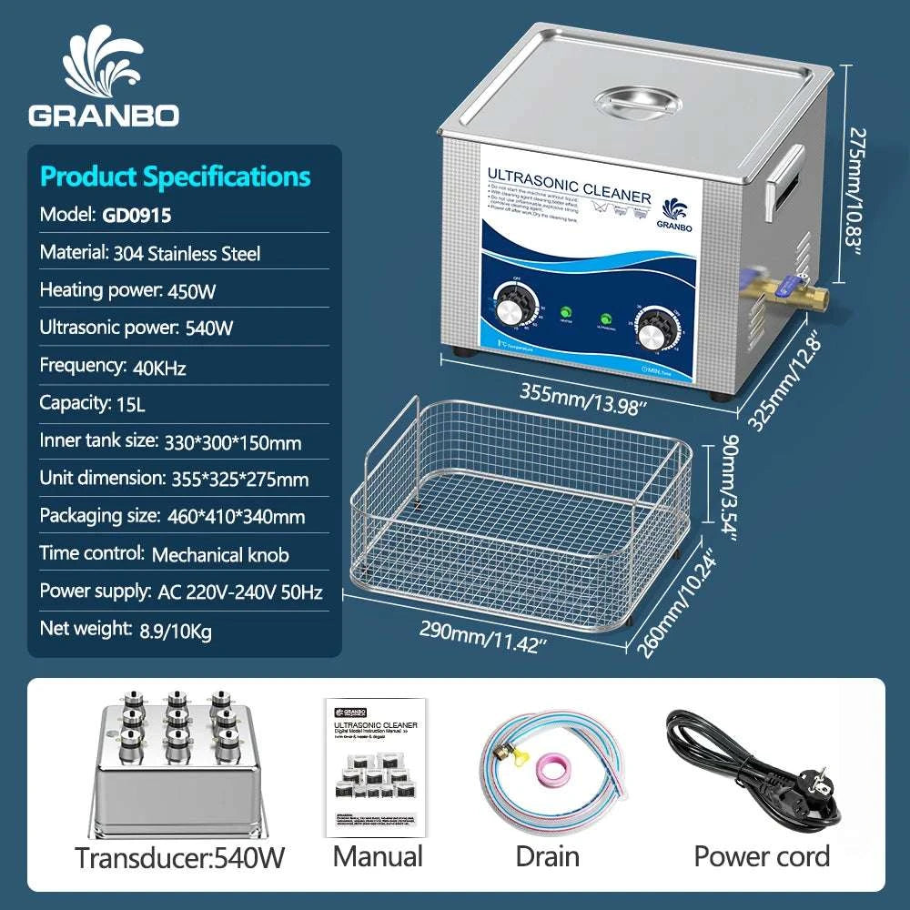 15L Ultrasonic Cleaner 40KHz 360–540W for Precision Parts Cleaning-15L 540W / AU / China Mainland
