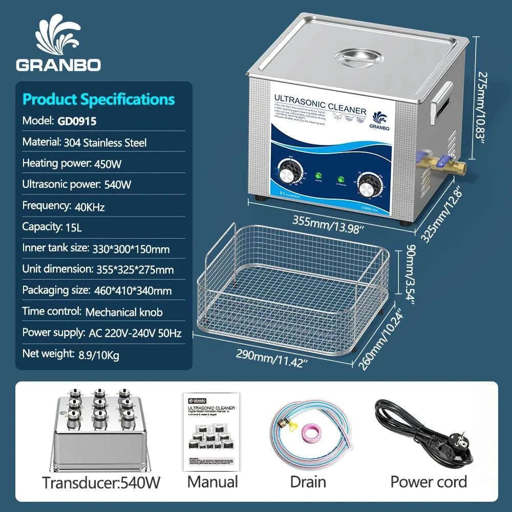 15L Ultrasonic Cleaner 40KHz 360–540W for Precision Parts Cleaning-15L 540W / AU / China Mainland