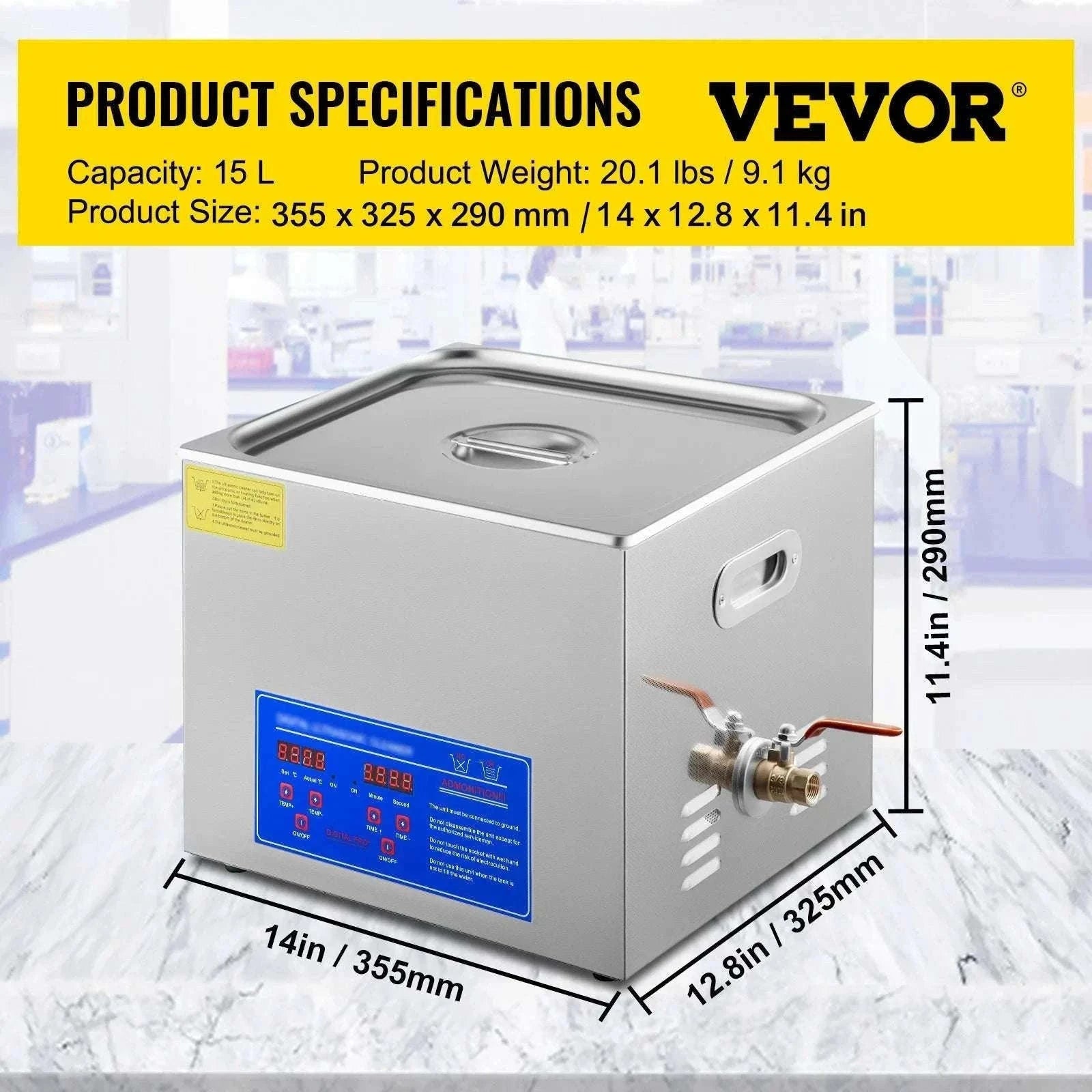 15L Ultrasonic Cleaner 40kHz with Heat & Digital Timer-15L / france