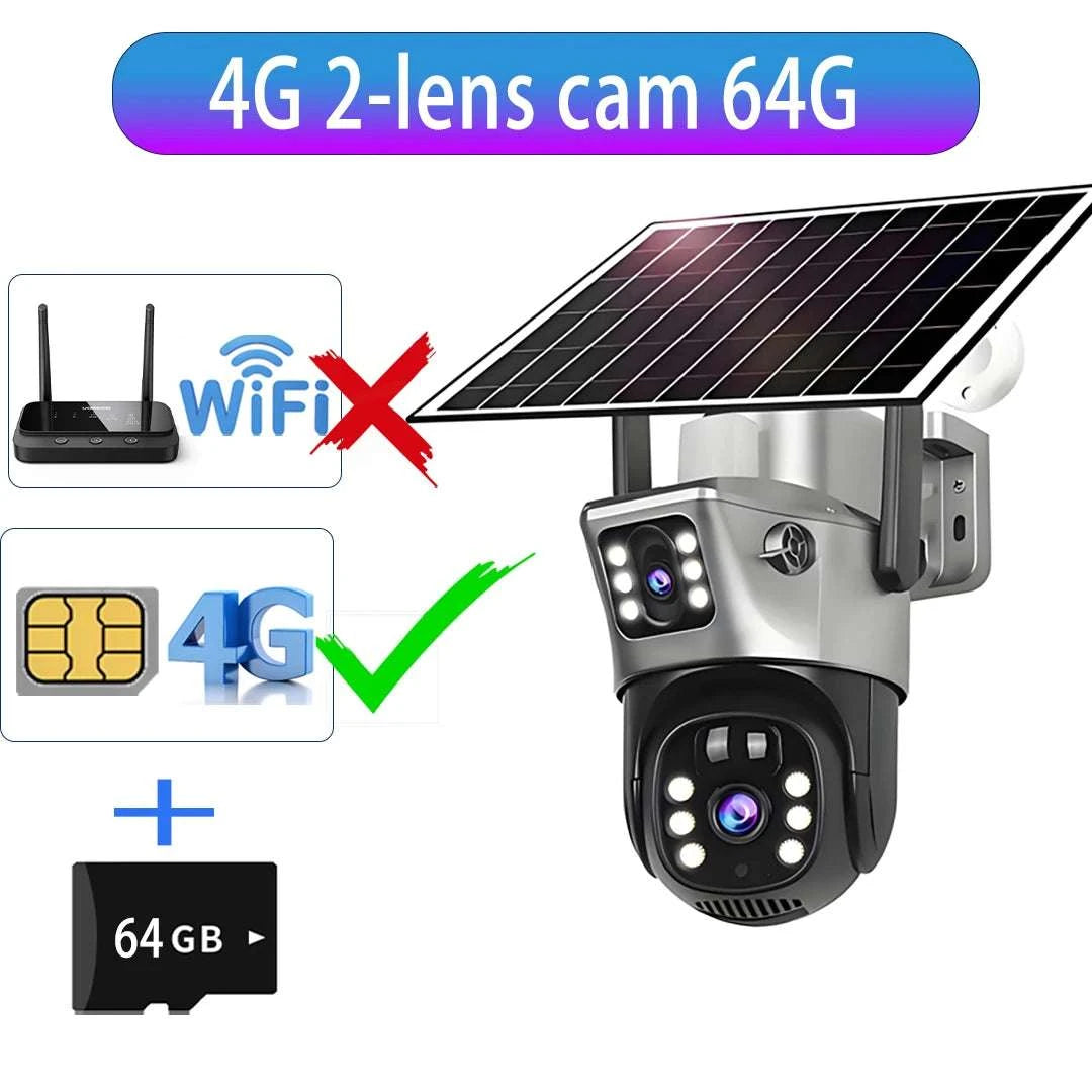 15MP Triple Lens Solar Security Camera with 360° Tracking-4G 2-lens Cam No SD