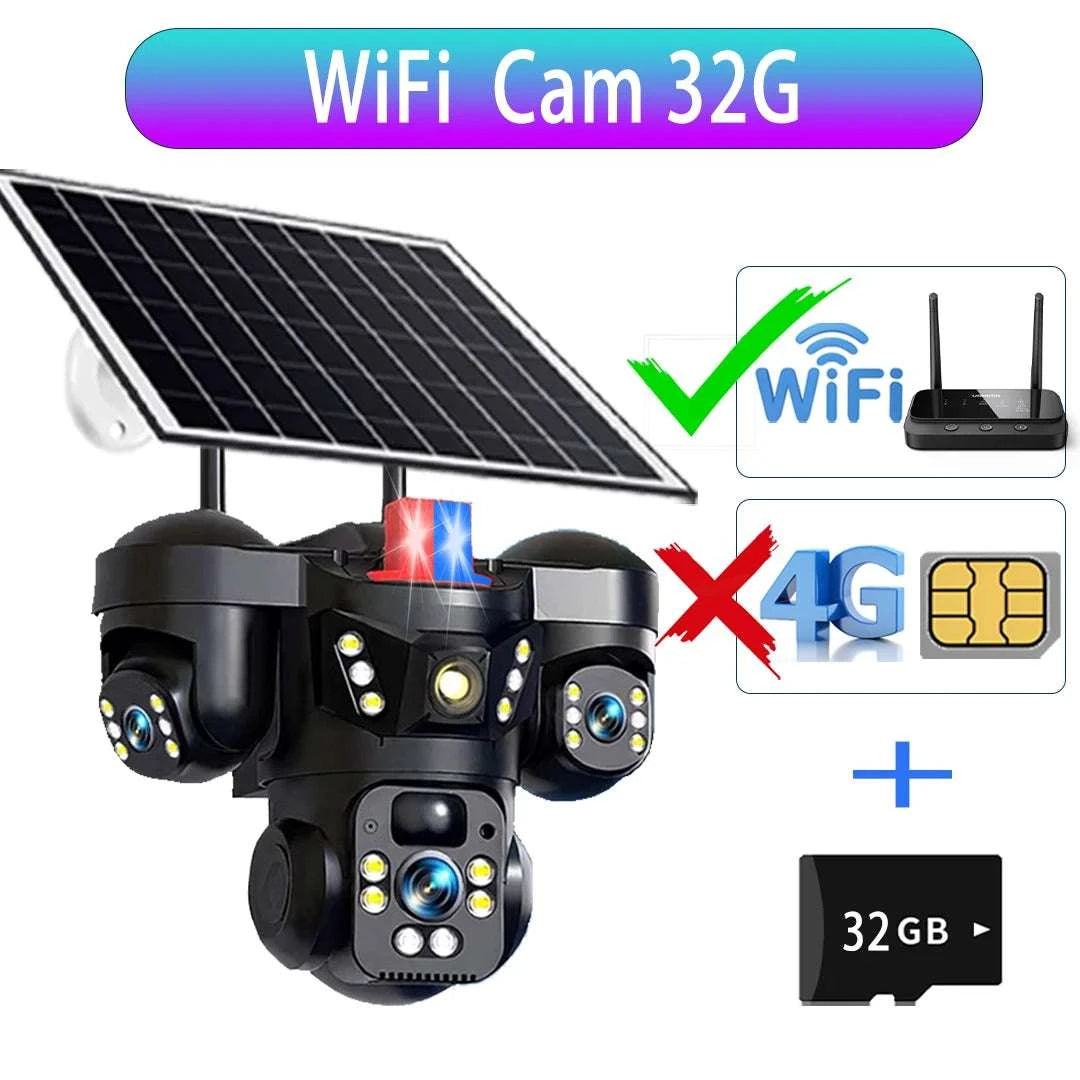 15MP Triple Lens Solar Security Camera with 360° Tracking-4G 2-lens Cam No SD