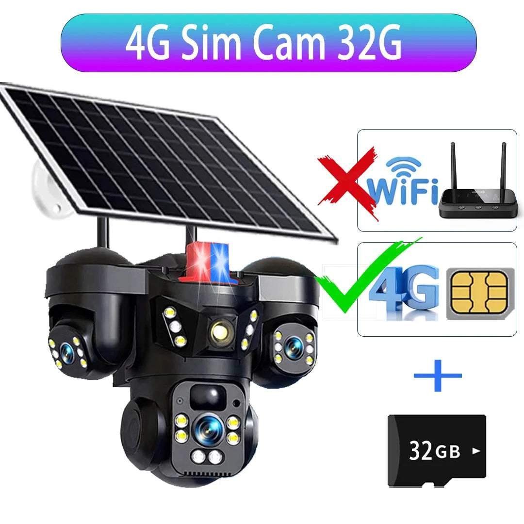 15MP Triple Lens Solar Security Camera with 360° Tracking-4G 2-lens Cam No SD