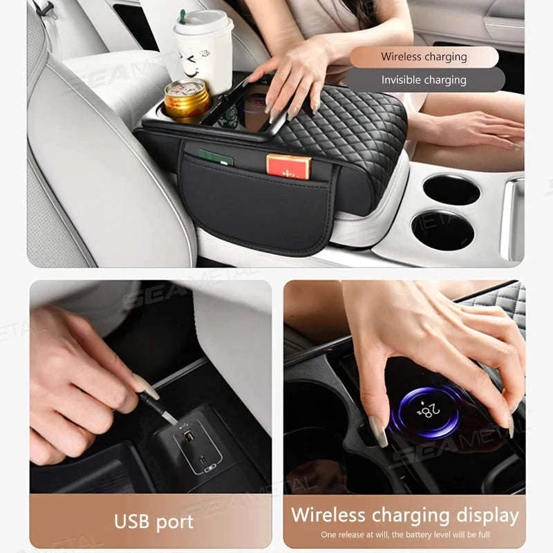 15W Wireless Charging Car Arm Rest Cushion-Black red