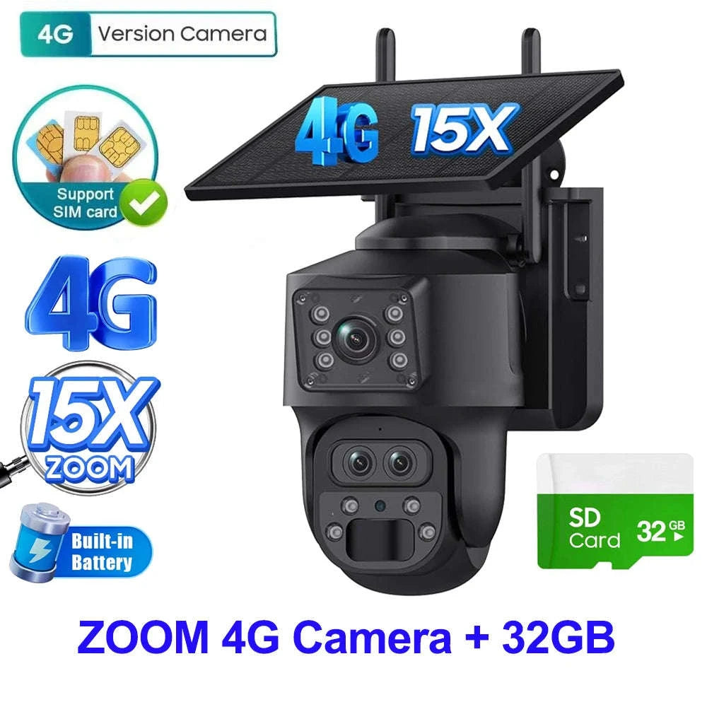 15X Zoom Solar 4G PTZ Security Camera 12MP Three-Lens 360 View-4MP 4G 128GB No ZOOM / China Mainland
