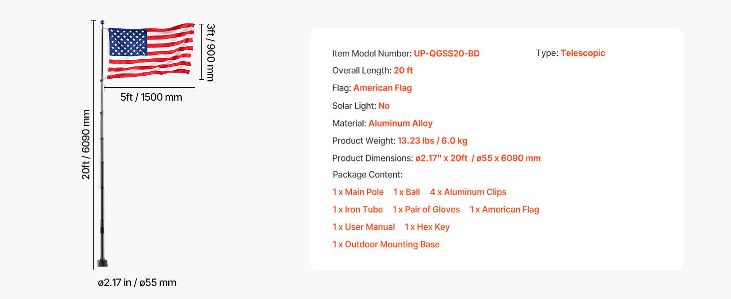 16/20/25/30ft In-Ground Aluminum Flag Pole Kit with Flag-30ft Sectional / United States