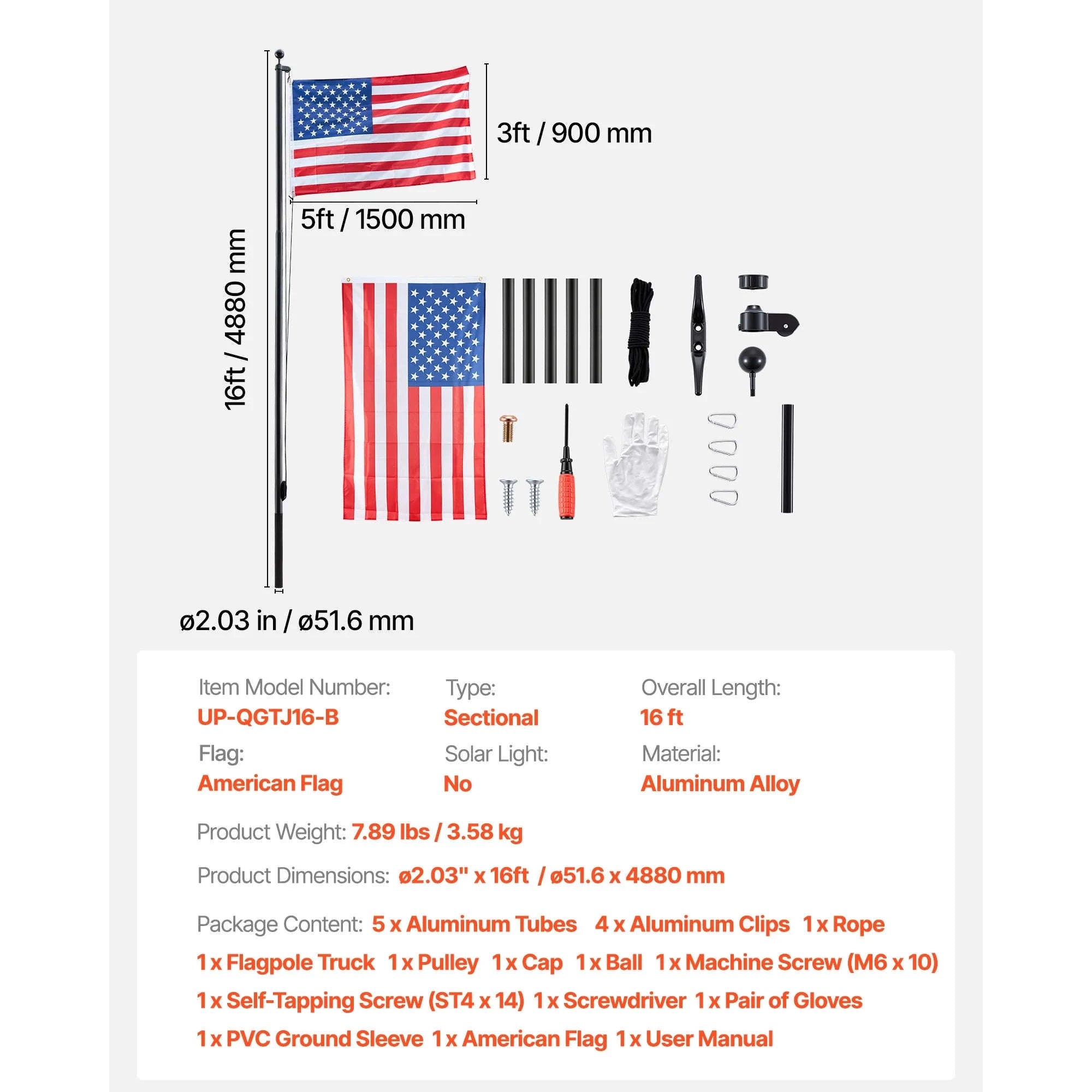 16/20/25/30ft In-Ground Aluminum Flag Pole Kit with Flag-30ft Sectional / United States