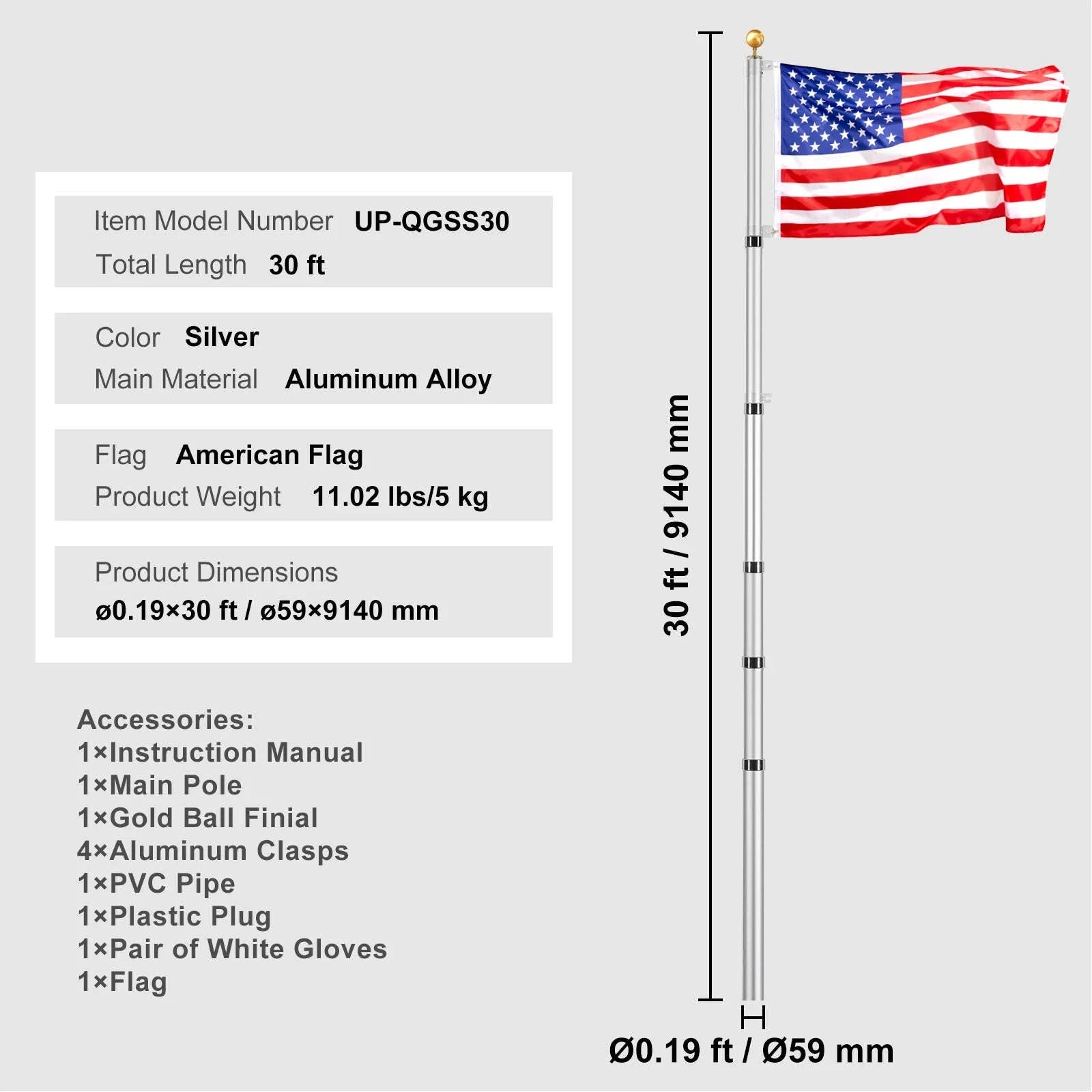 16/20/25/30ft In-Ground Aluminum Flag Pole Kit with Flag-30ft Sectional / United States