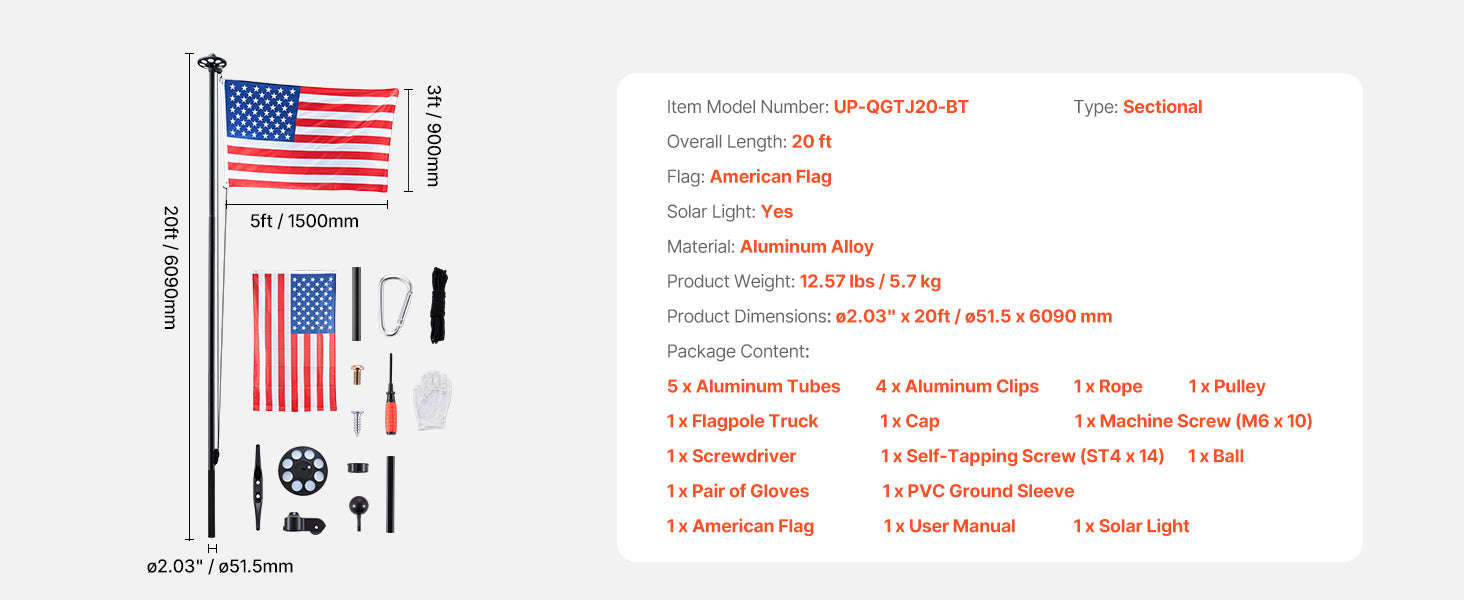 16/20/25/30ft In-Ground Aluminum Flag Pole Kit with Flag-30ft Sectional / United States