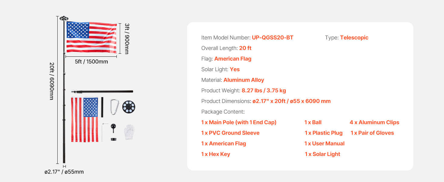 16/20/25/30ft In-Ground Aluminum Flag Pole Kit with Flag-30ft Sectional / United States
