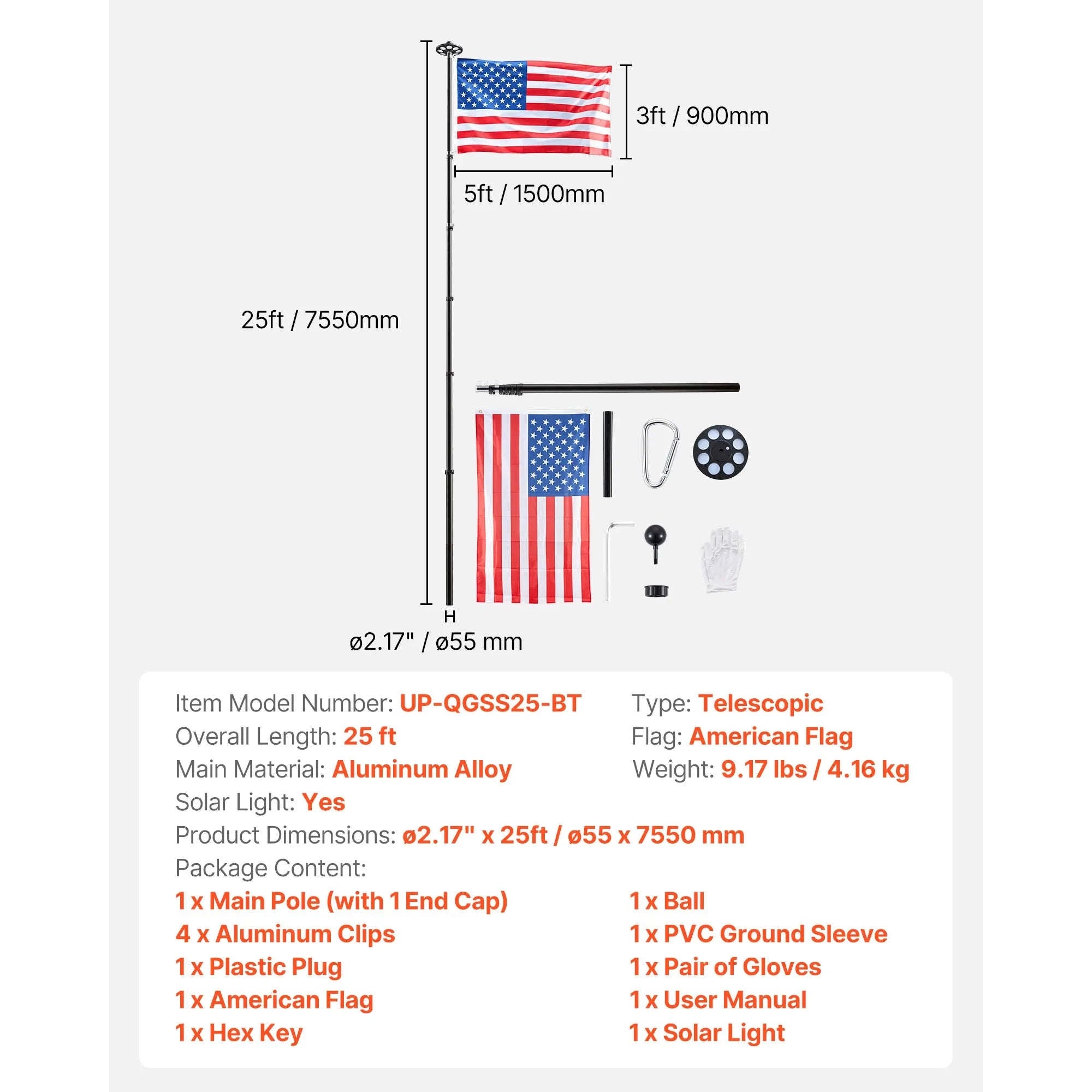 16/20/25/30ft In-Ground Aluminum Flag Pole Kit with Flag-30ft Sectional / United States
