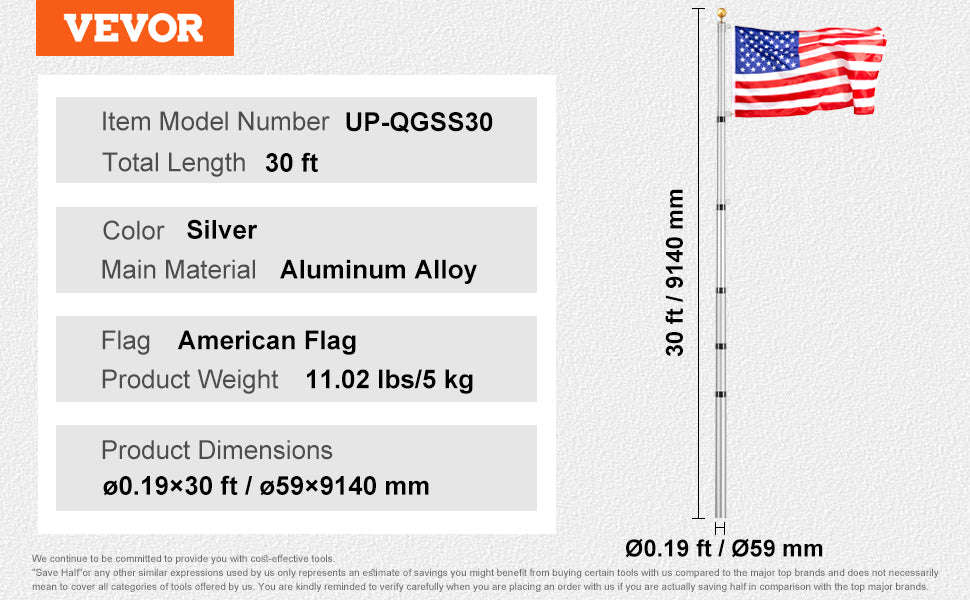 16/20/25/30ft In-Ground Aluminum Flag Pole Kit with Flag-30ft Sectional / United States