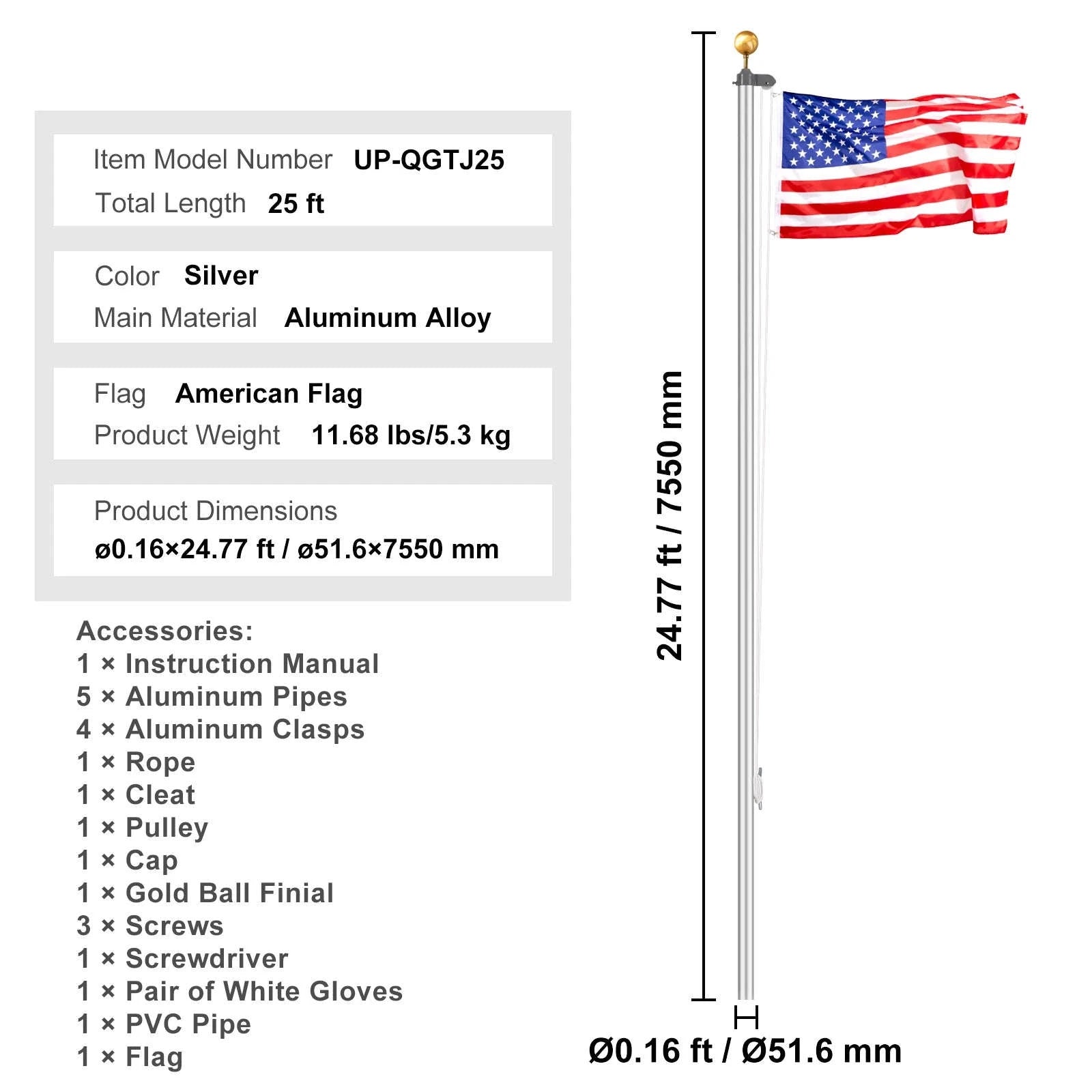 16/20/25/30ft In-Ground Aluminum Flag Pole Kit with Flag-30ft Sectional / United States