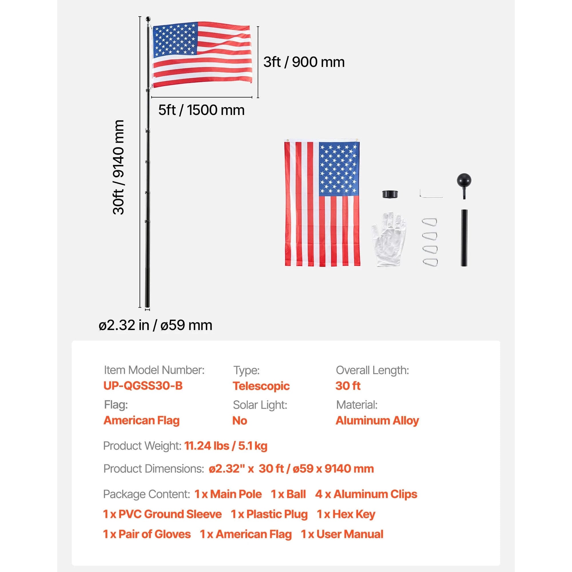 16/20/25/30ft In-Ground Aluminum Flag Pole Kit with Flag-30ft Sectional / United States