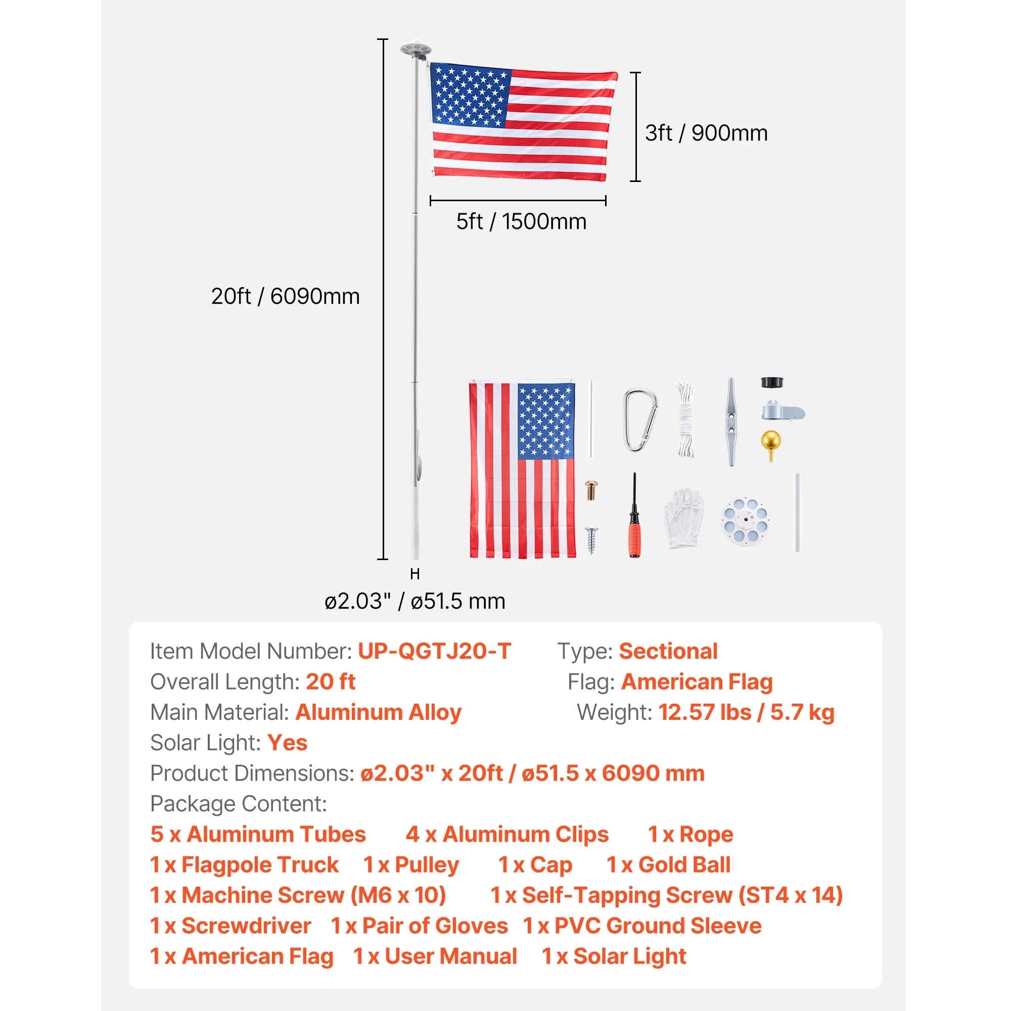 16/20/25/30ft In-Ground Aluminum Flag Pole Kit with Flag-30ft Sectional / United States