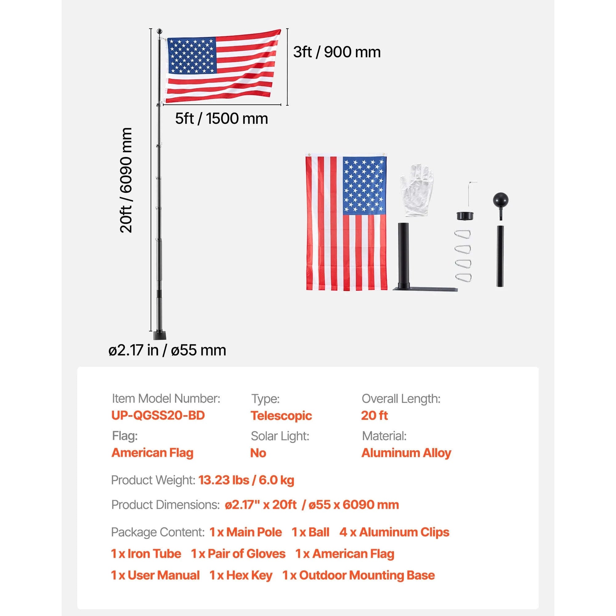 16/20/25/30ft In-Ground Aluminum Flag Pole Kit with Flag-30ft Sectional / United States