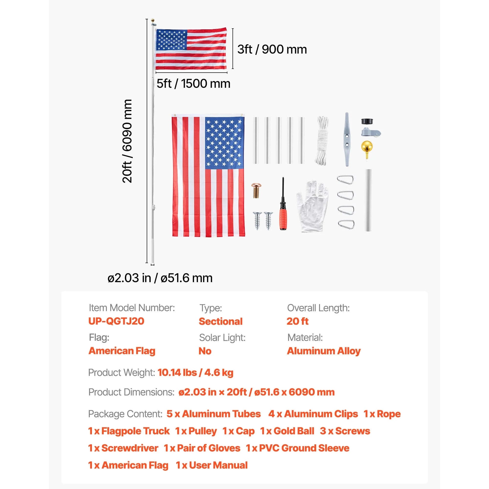 16/20/25/30ft In-Ground Aluminum Flag Pole Kit with Flag-30ft Sectional / United States