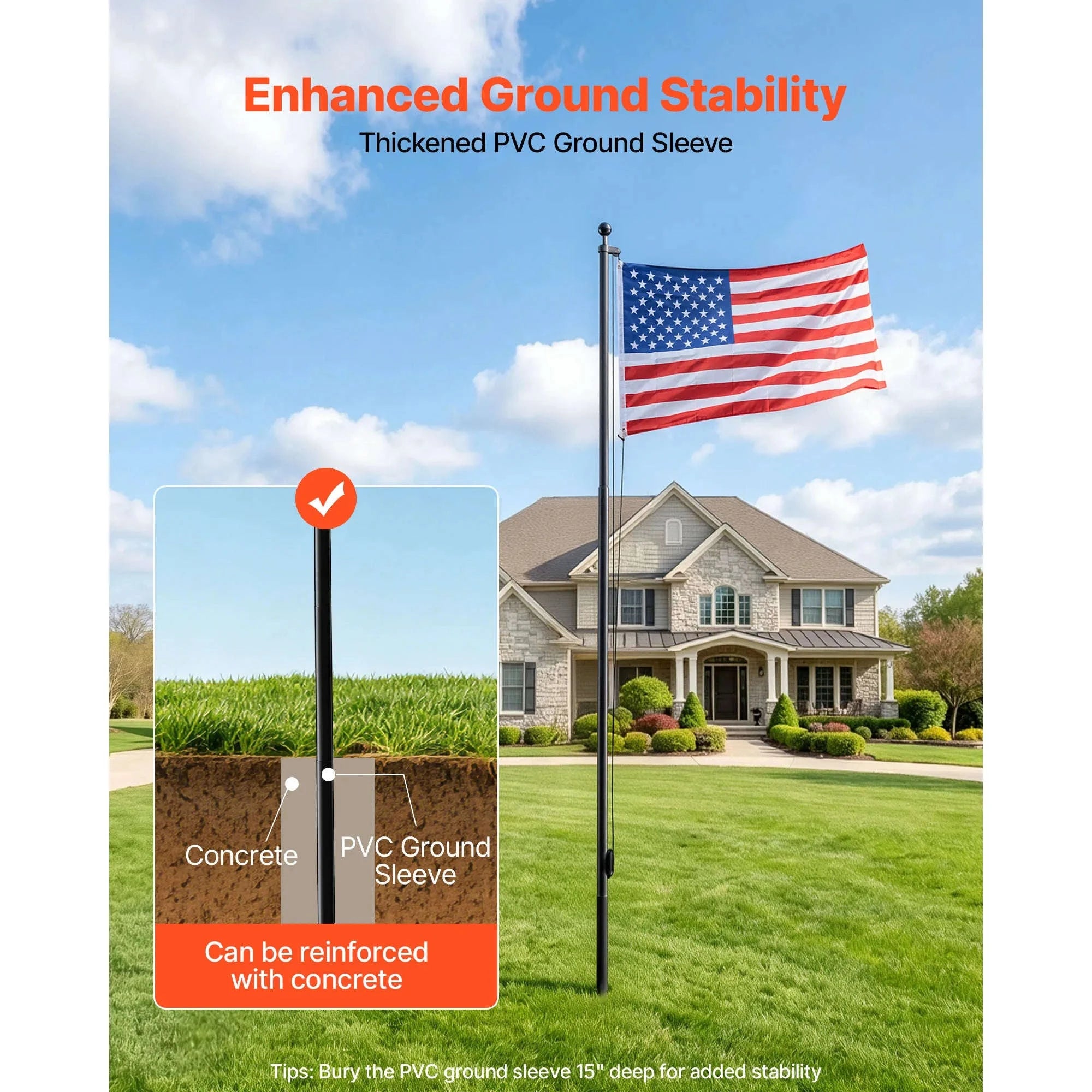 16/20/25/30ft In-Ground Aluminum Flag Pole Kit with Flag-30ft Sectional / United States