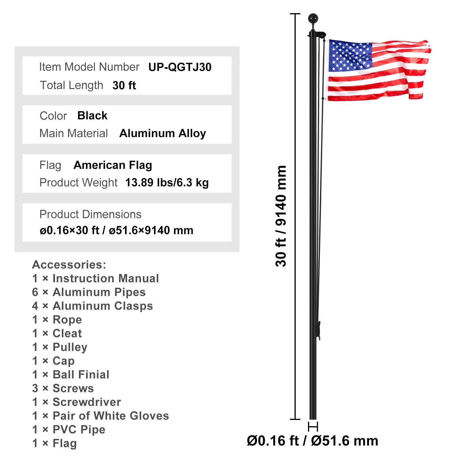 16/20/25/30ft In-Ground Aluminum Flag Pole Kit with Flag-30ft Sectional / United States