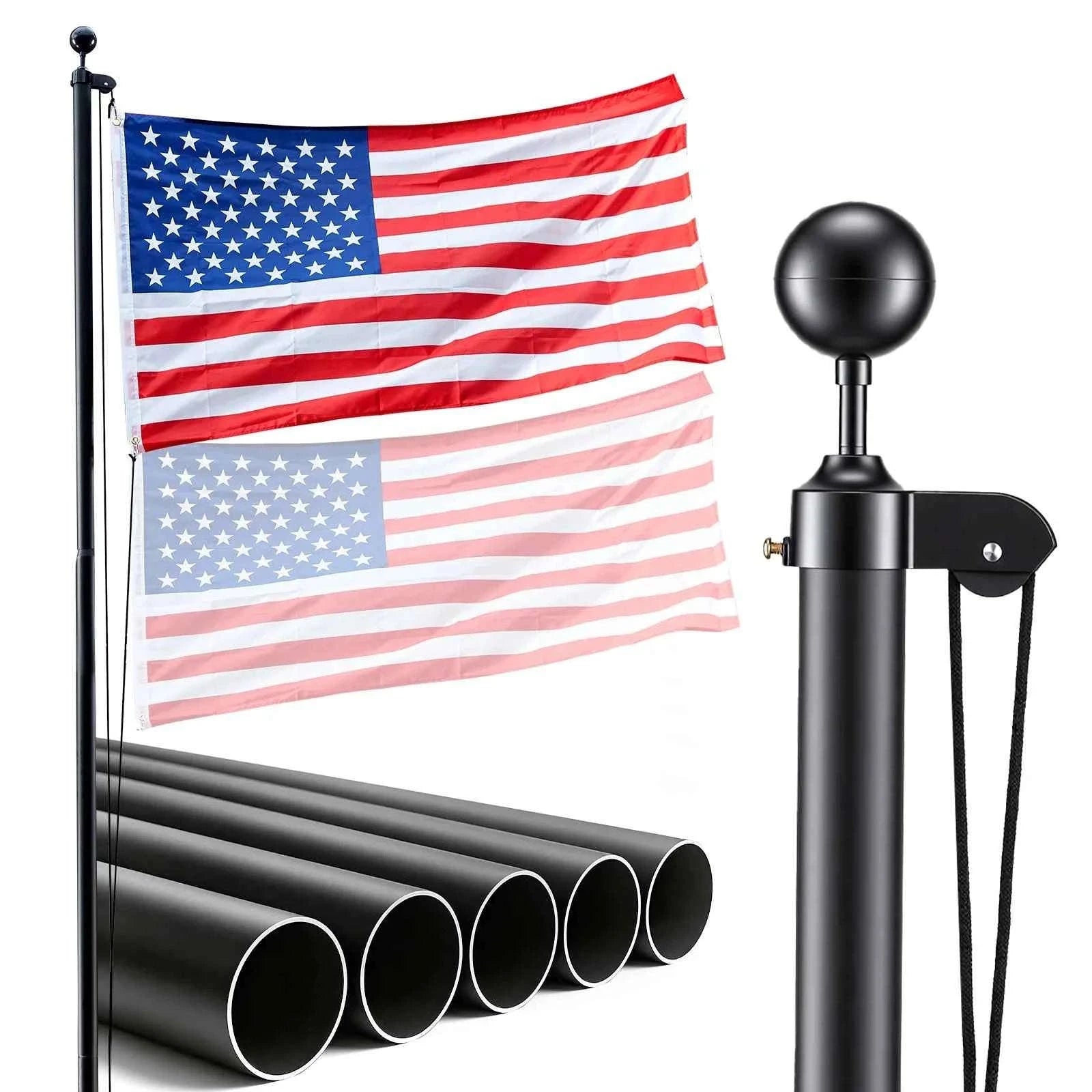 16/20/25/30ft In-Ground Aluminum Flag Pole Kit with Flag-30ft Sectional / United States