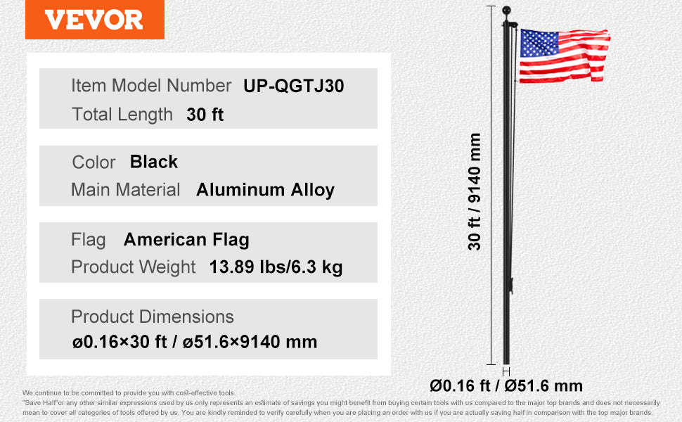 16/20/25/30ft In-Ground Aluminum Flag Pole Kit with Flag-30ft Sectional / United States