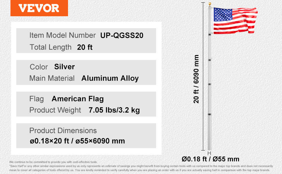 16/20/25/30ft In-Ground Aluminum Flag Pole Kit with Flag-30ft Sectional / United States