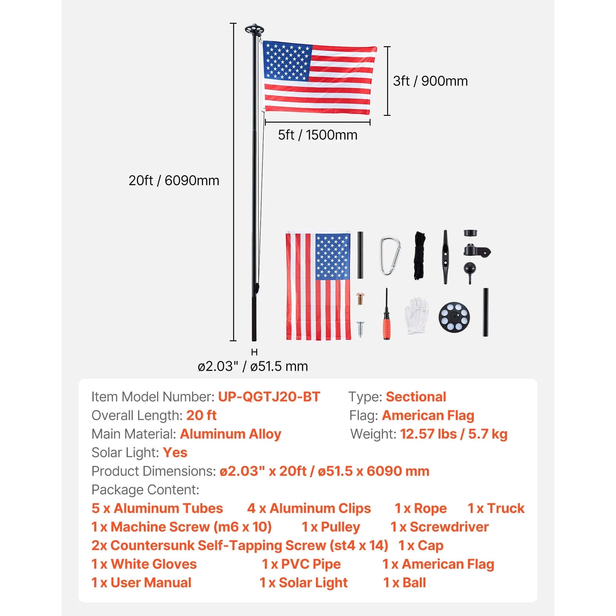 16/20/25/30ft In-Ground Aluminum Flag Pole Kit with Flag-30ft Sectional / United States