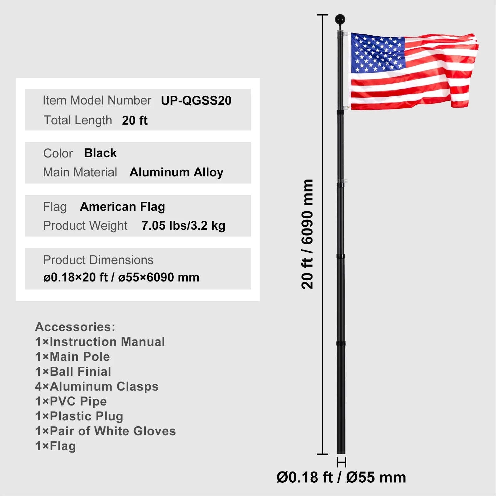 16/20/25/30ft In-Ground Aluminum Flag Pole Kit with Flag-30ft Sectional / United States