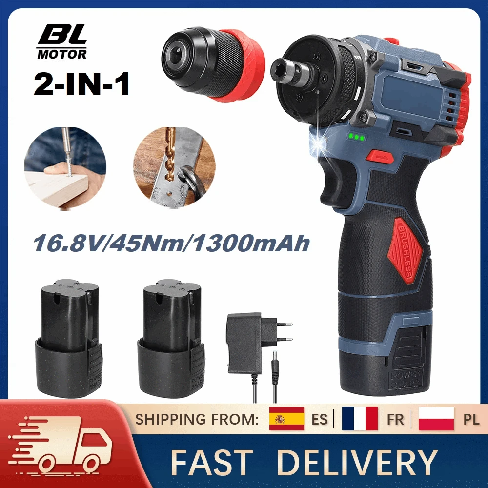 16.8V Cordless Drill & Electric Screwdriver 45Nm Brushless Power Tool-2 pcs Batteries / france / EU