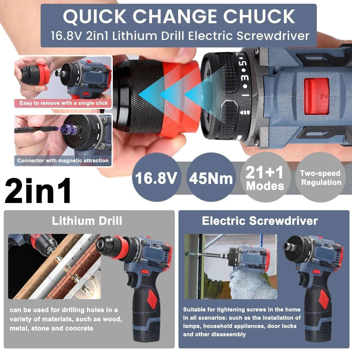 16.8V Cordless Drill & Electric Screwdriver 45Nm Brushless Power Tool-2 pcs Batteries / france / EU