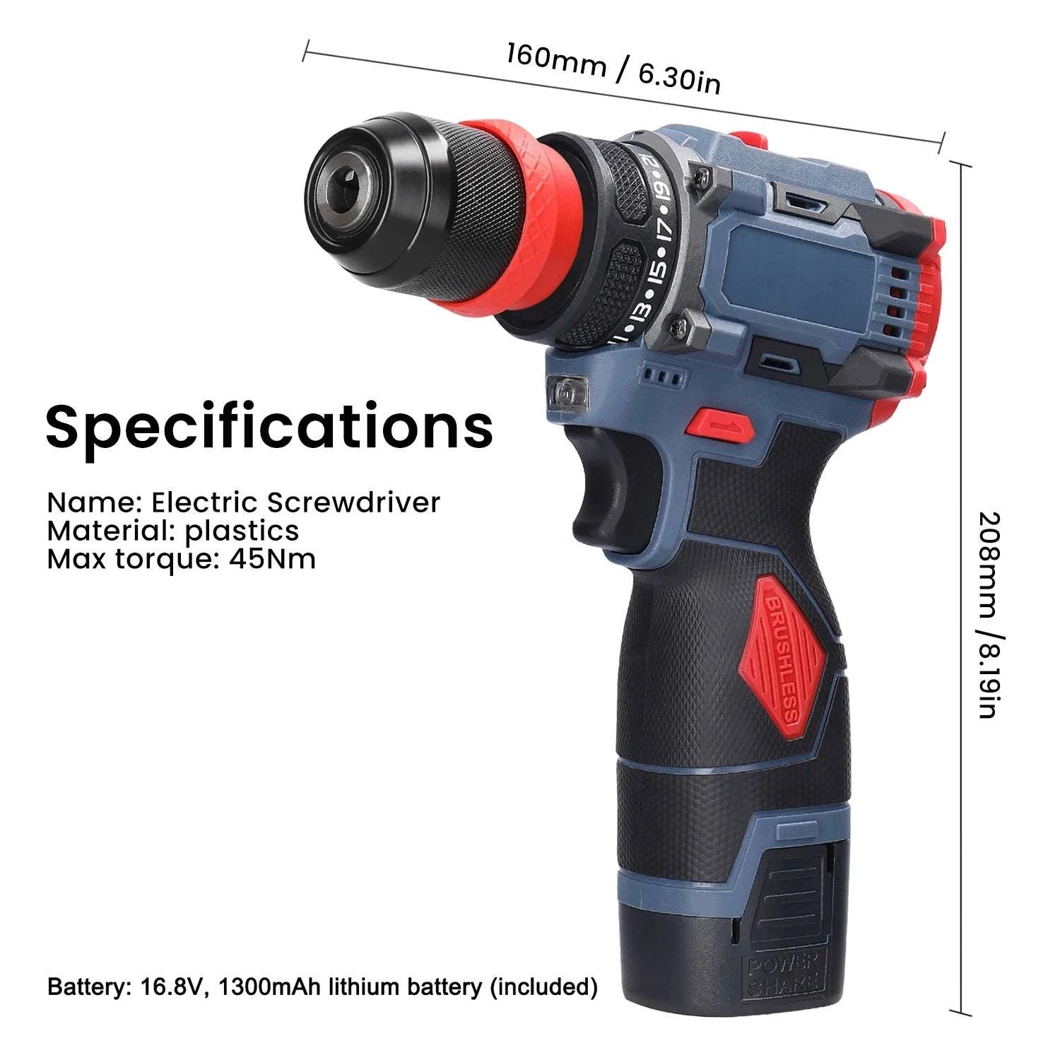 16.8V Cordless Drill & Electric Screwdriver 45Nm Brushless Power Tool-2 pcs Batteries / france / EU
