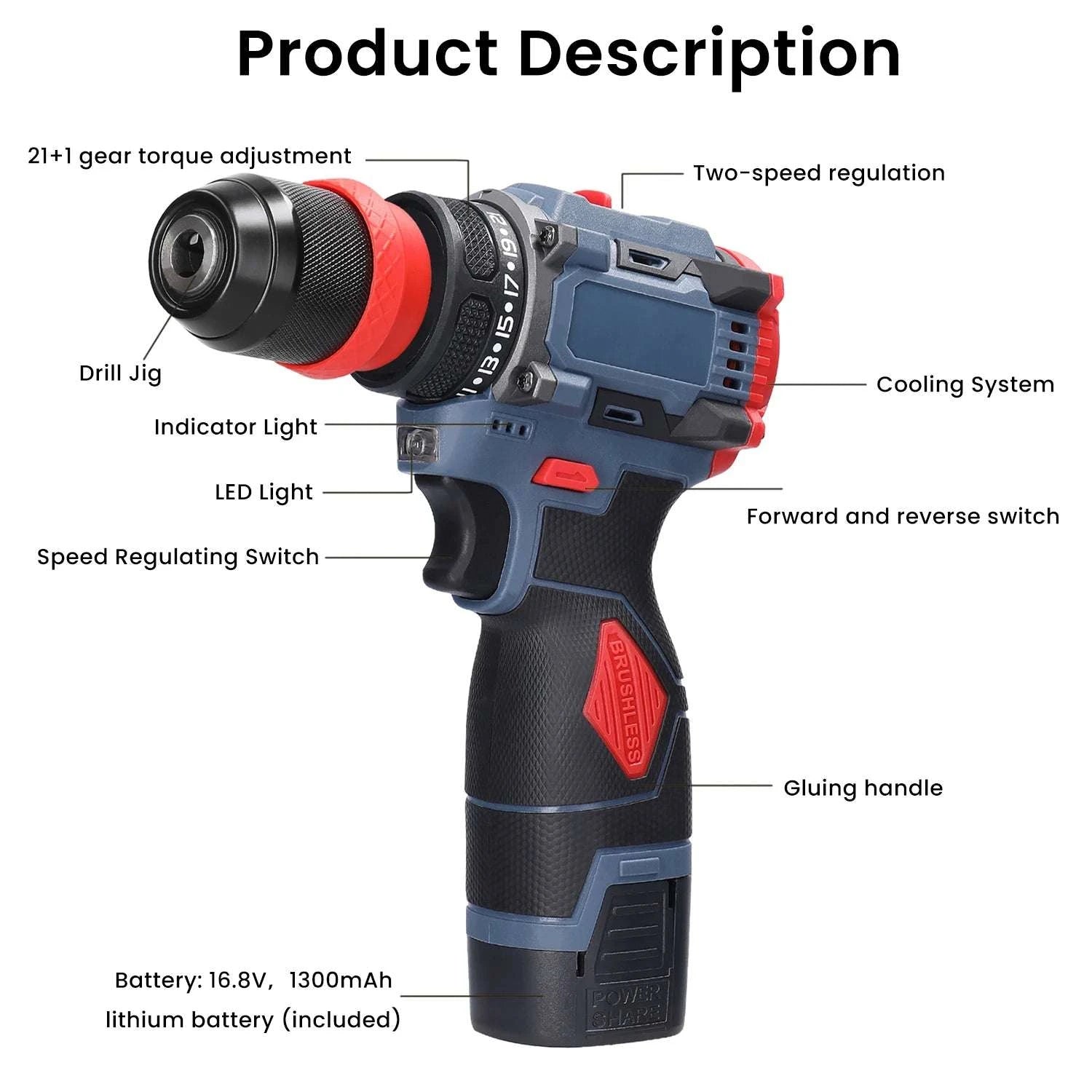 16.8V Cordless Drill & Electric Screwdriver 45Nm Brushless Power Tool-2 pcs Batteries / france / EU