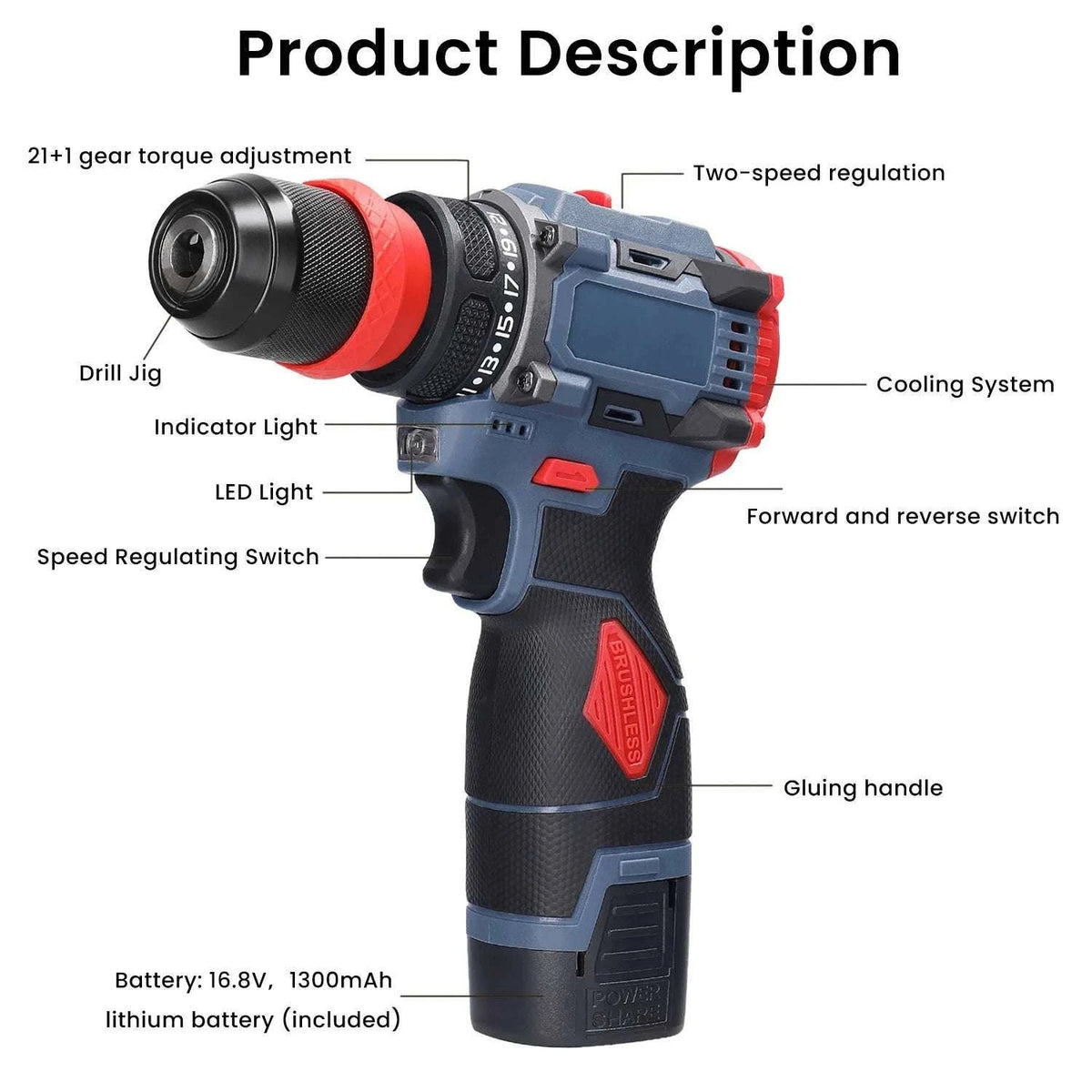 16.8V Cordless Drill & Electric Screwdriver 45Nm Brushless Power Tool-2 pcs Batteries / france / EU