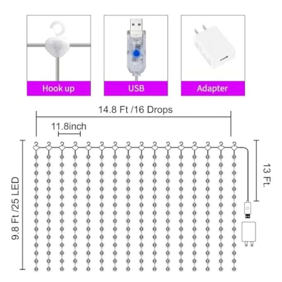 16 Color Curtain Lights 400 LED Twinkle Backdrop with Remote-United States