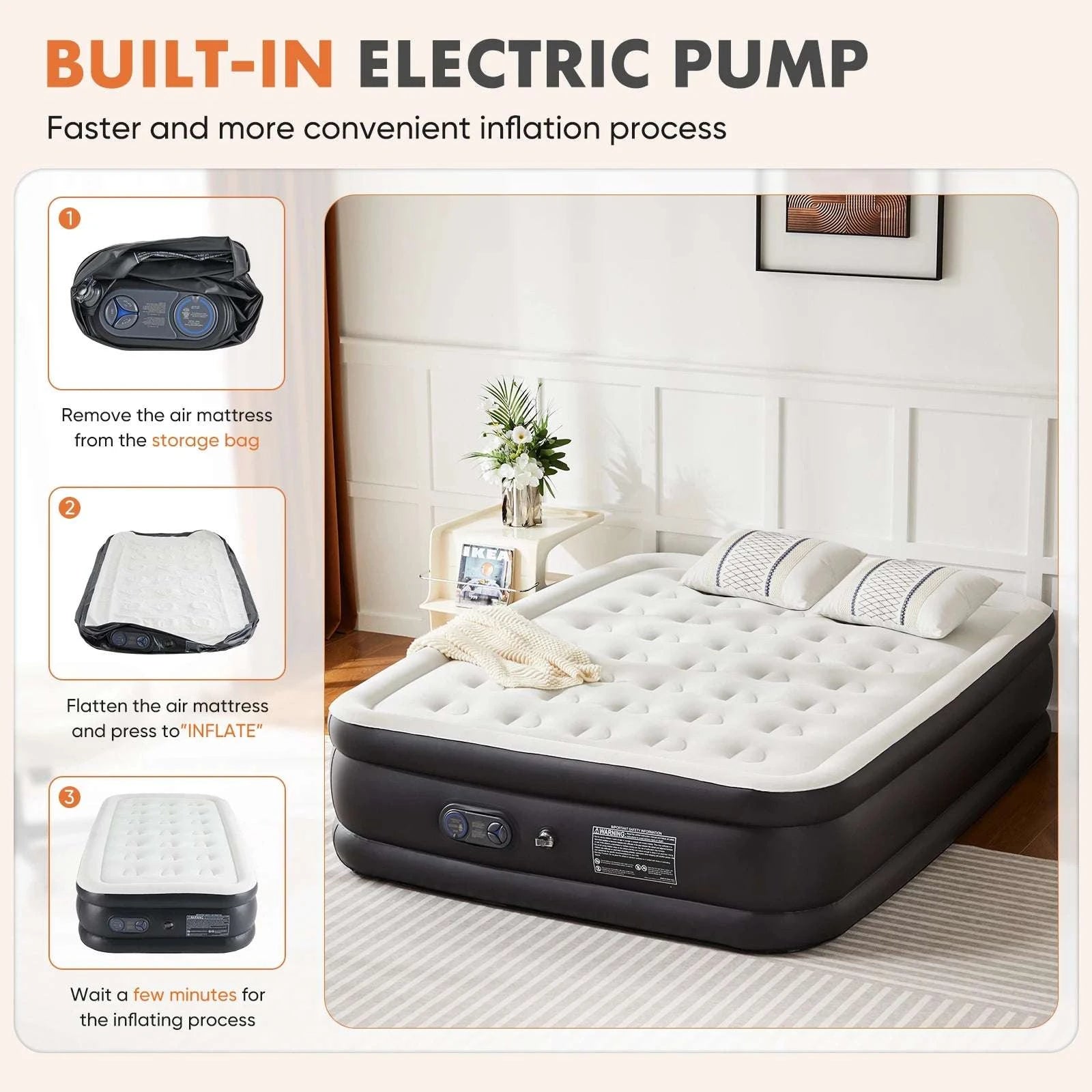 16" Double Height Air Mattress with Built-In Pump, 660 lb Capacity-16 Inch Queen / United States