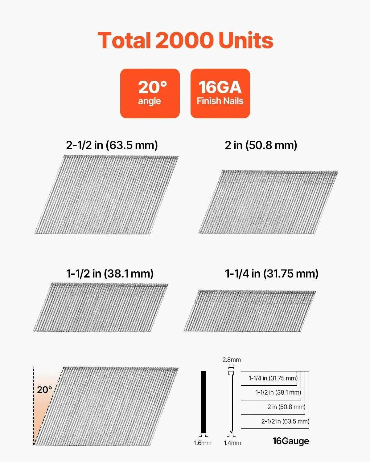 16 Gauge Angled Finish Nails 2000 Count for 20° Nail Guns-United States