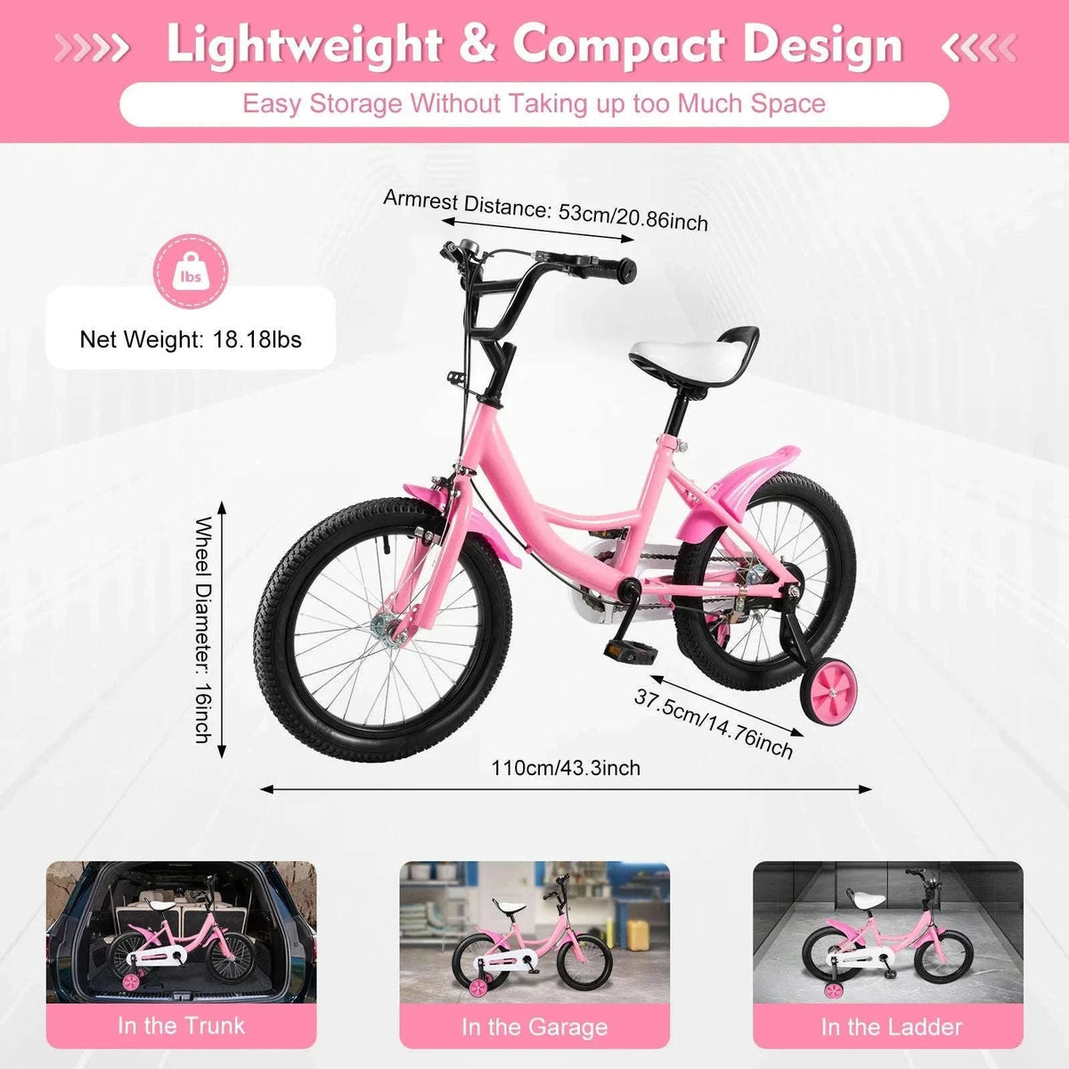 16-Inch Kids Bike Adjustable Height with Dual Brakes-Pink / GERMANY