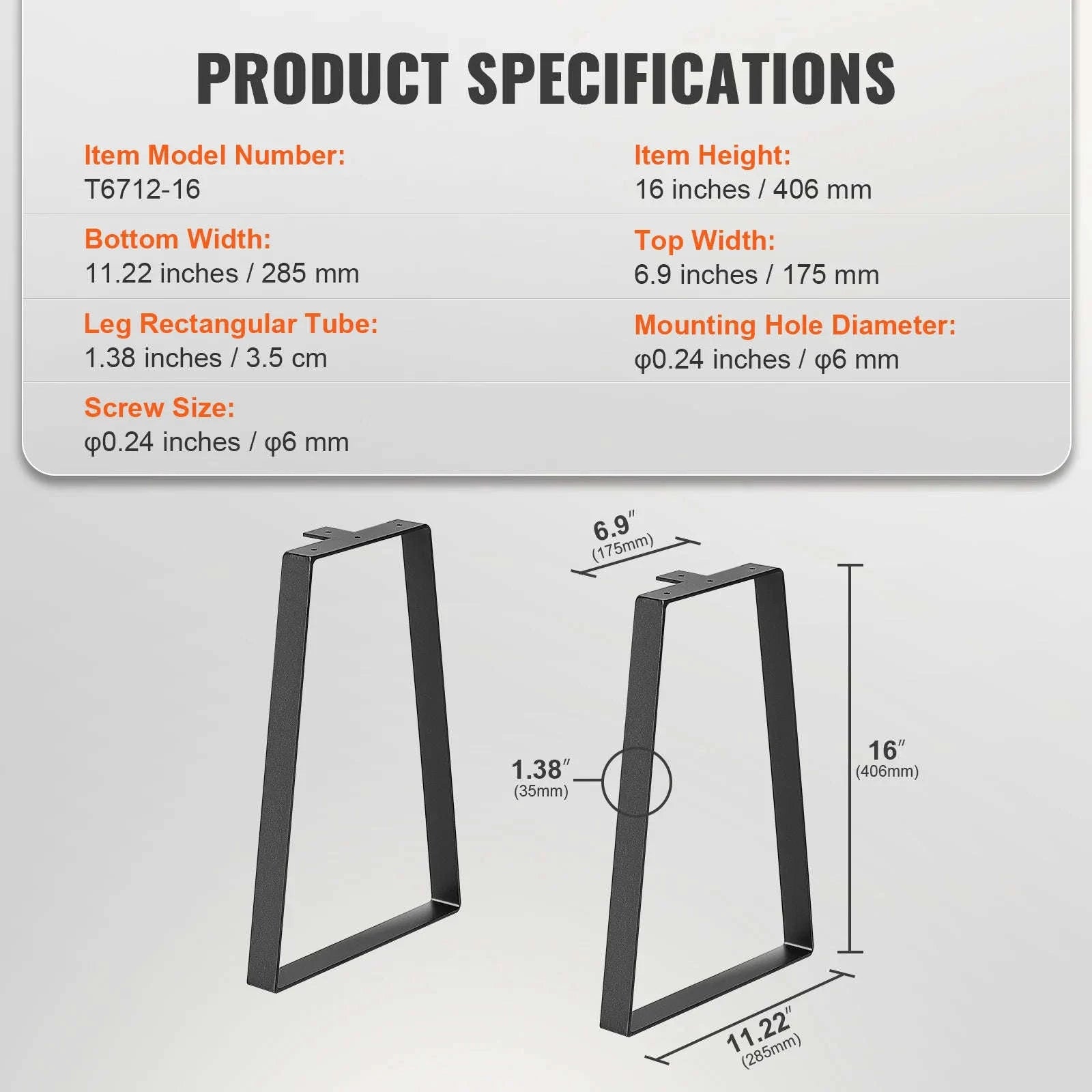 16 Inch Trapezoid Steel Table Legs Set of 2-400lbs / United States