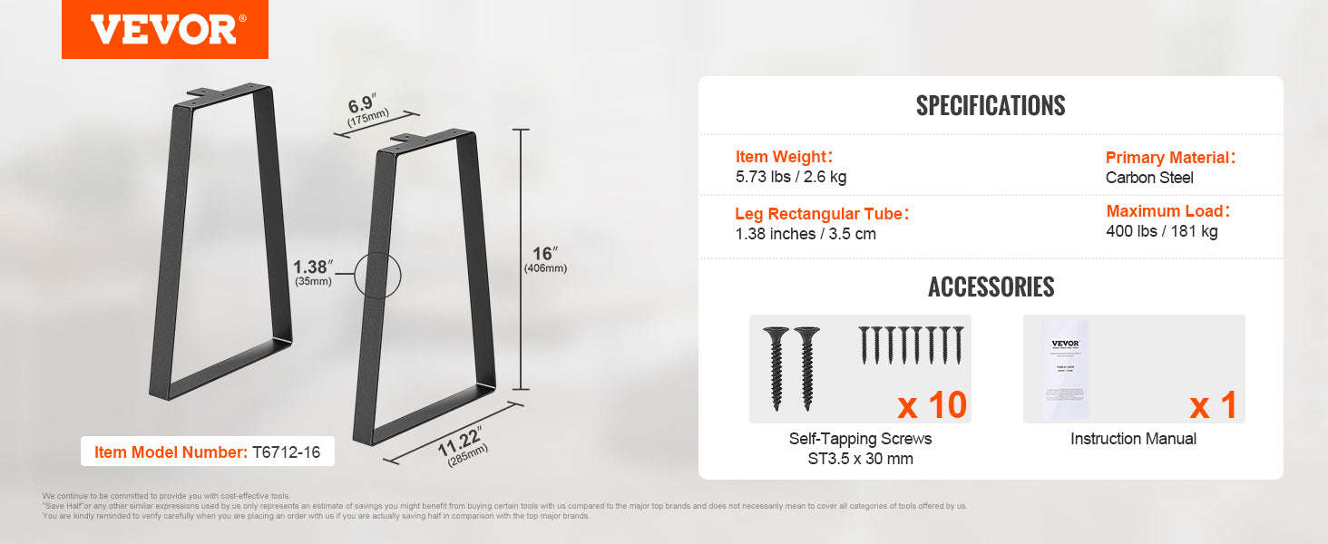 16 Inch Trapezoid Steel Table Legs Set of 2-400lbs / United States