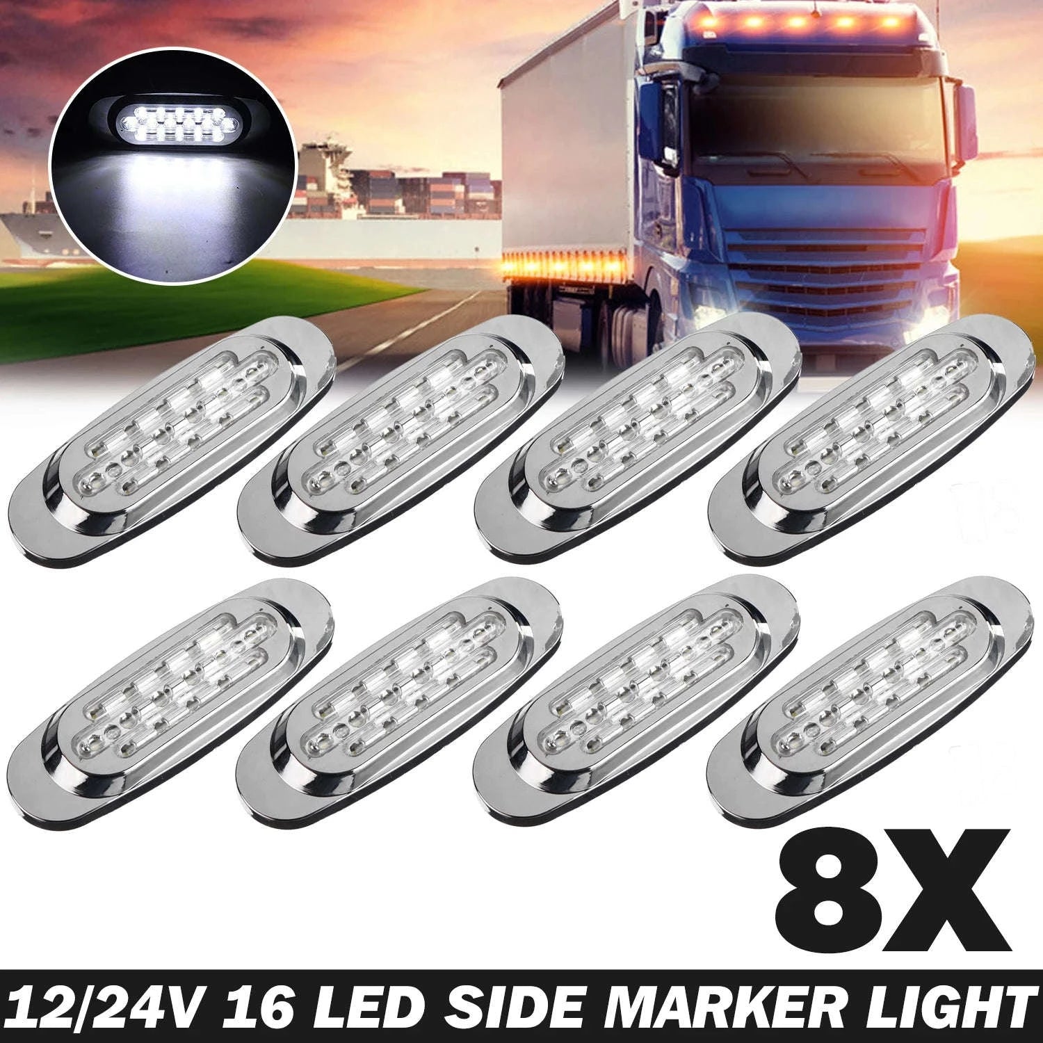 16 LED 12-24V Side Marker Light for Truck Trailer-White / 4PCS