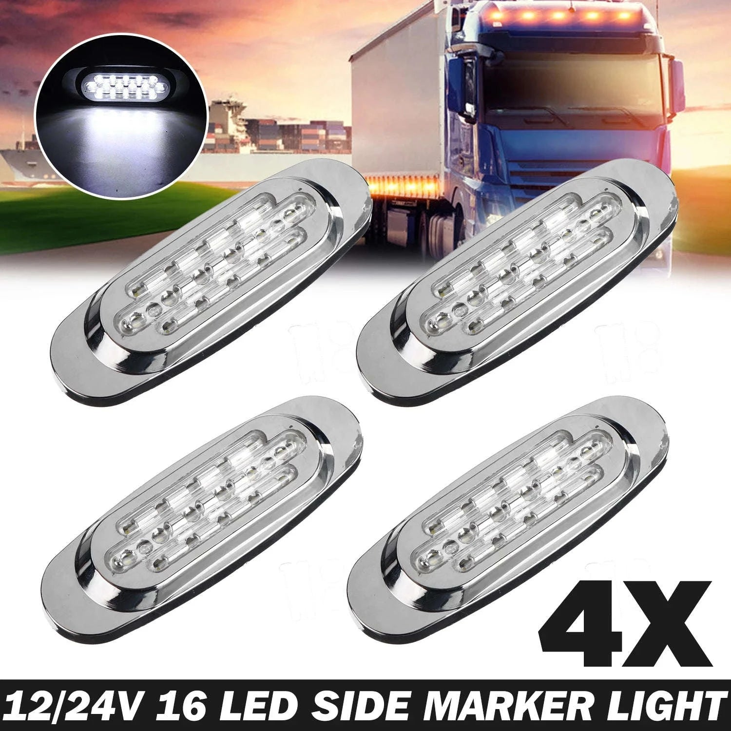 16 LED 12-24V Side Marker Light for Truck Trailer-White / 4PCS
