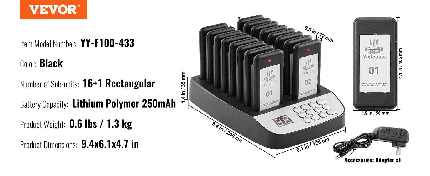 16-Piece Restaurant Pager System with 500m Long Range Wireless Calling-EU 220V / United States