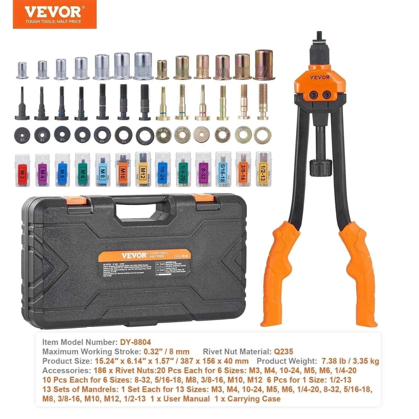 16" Rivet Nut Tool Kit with 13 Mandrels & 186 Rivnuts-16inch / United States