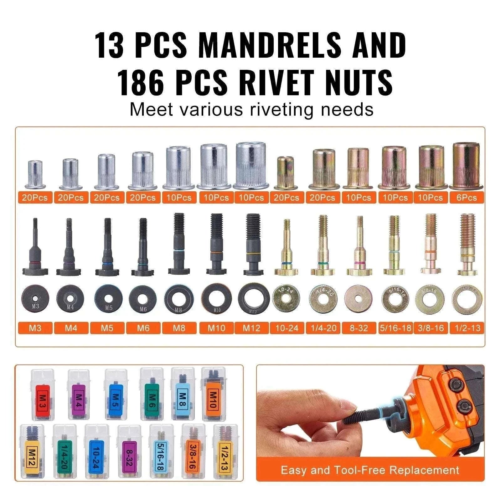 16" Rivet Nut Tool Kit with 13 Mandrels & 186 Rivnuts-16inch / United States